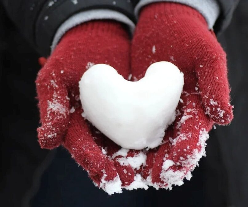 image of red mittens with snow heart